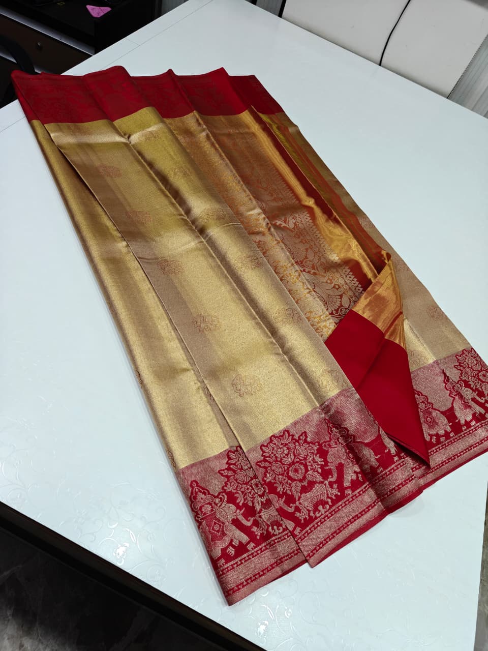 Golden Beige Silk Saree with Red Traditional Zari Border